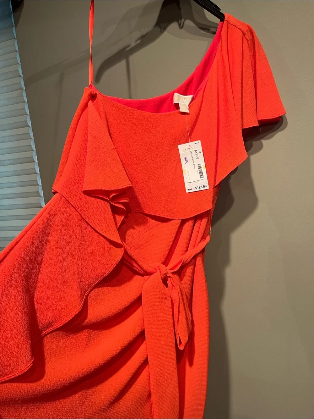Michael Kors One-Shoulder Ruffle Tie-Waist Dress - Coral